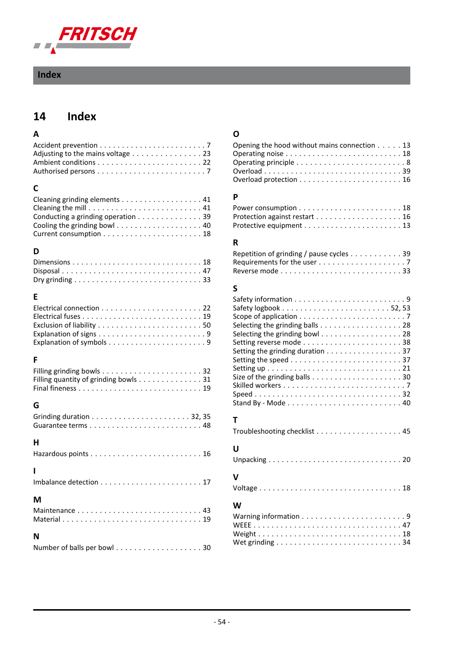 14 index, Index | FRITSCH PULVERISETTE 7 classic line User Manual | Page 54 / 56