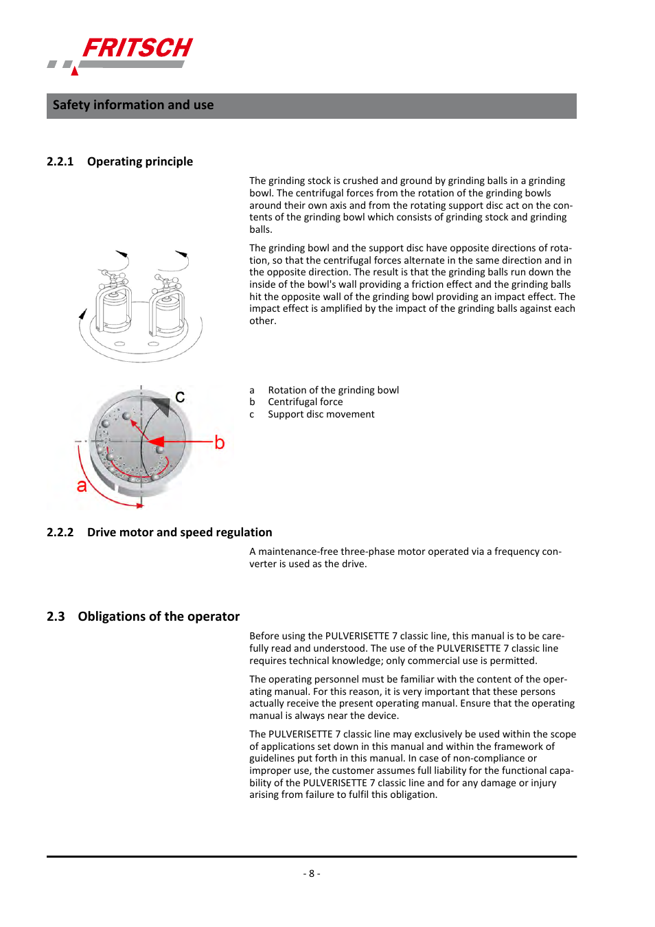 1 operating principle, 2 drive motor and speed regulation, 3 obligations of the operator | Safety information and use | FRITSCH PULVERISETTE 7 classic line User Manual | Page 8 / 56