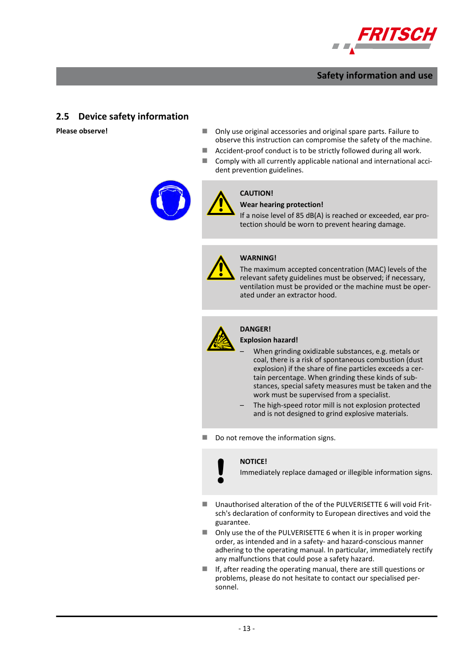 5 device safety information, Safety information and use | FRITSCH PULVERISETTE 6 classic line User Manual | Page 13 / 68