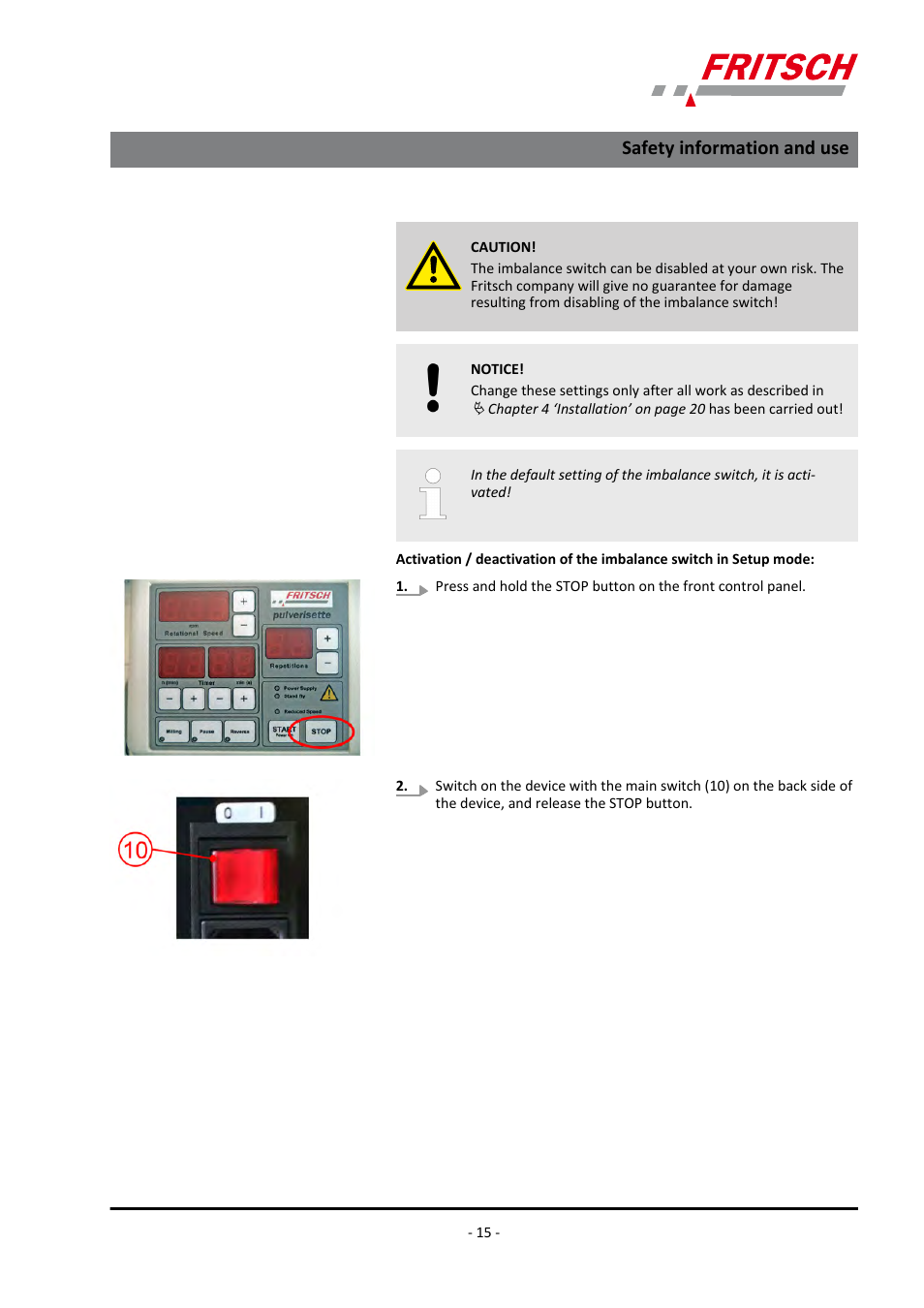 Safety information and use | FRITSCH PULVERISETTE 6 classic line User Manual | Page 15 / 68