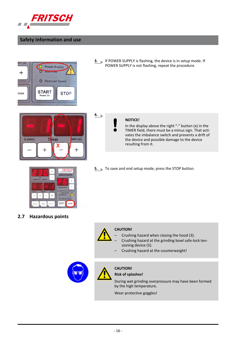 7 hazardous points, Safety information and use | FRITSCH PULVERISETTE 6 classic line User Manual | Page 16 / 68