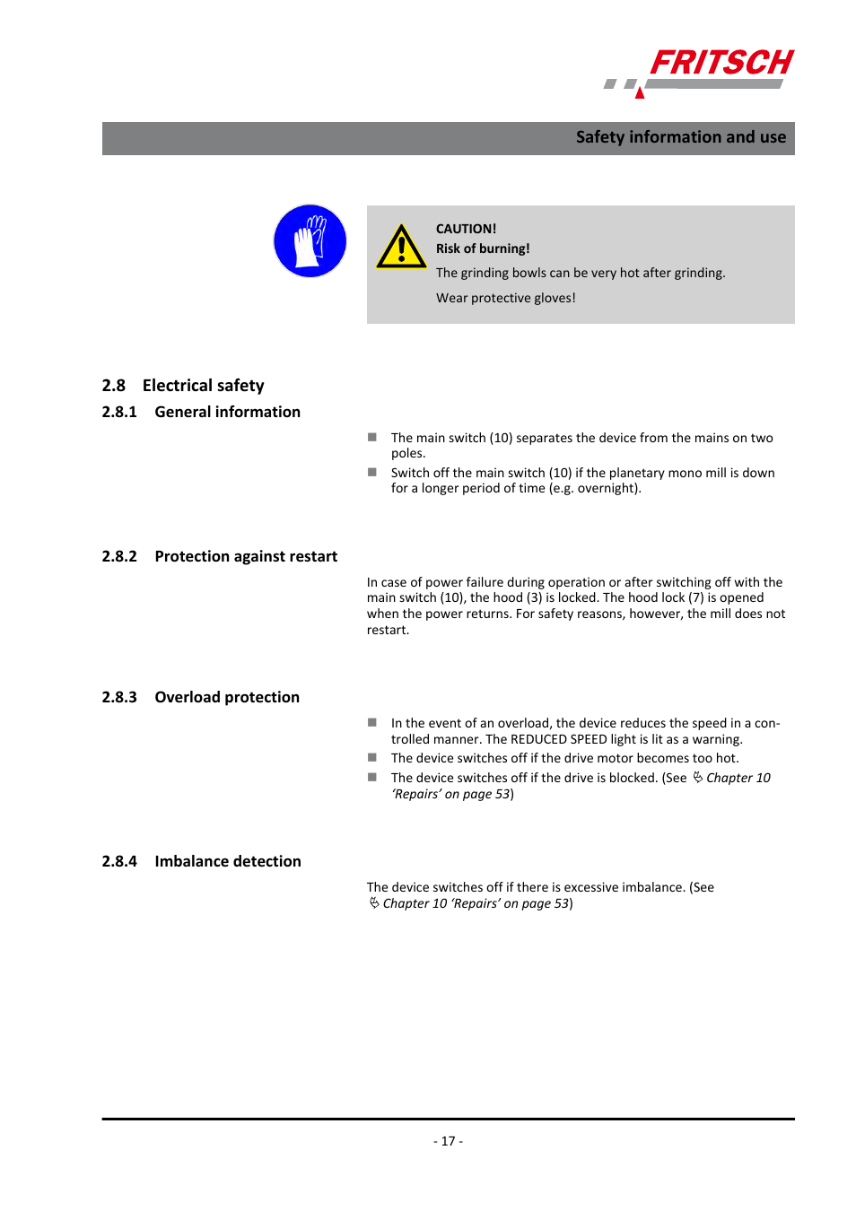 8 electrical safety, 1 general information, 2 protection against restart | 3 overload protection, 4 imbalance detection, Safety information and use | FRITSCH PULVERISETTE 6 classic line User Manual | Page 17 / 68