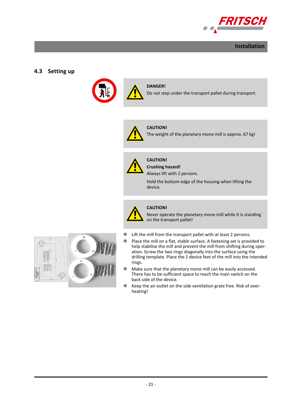 3 setting up, Installation | FRITSCH PULVERISETTE 6 classic line User Manual | Page 21 / 68