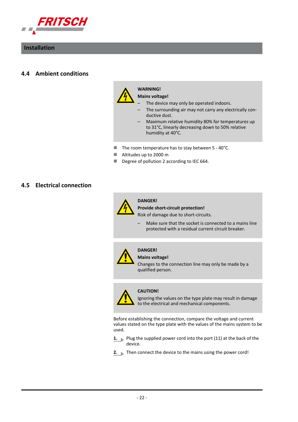 4 ambient conditions, 5 electrical connection, 4 ambient conditions 4.5 electrical connection | Installation | FRITSCH PULVERISETTE 6 classic line User Manual | Page 22 / 68