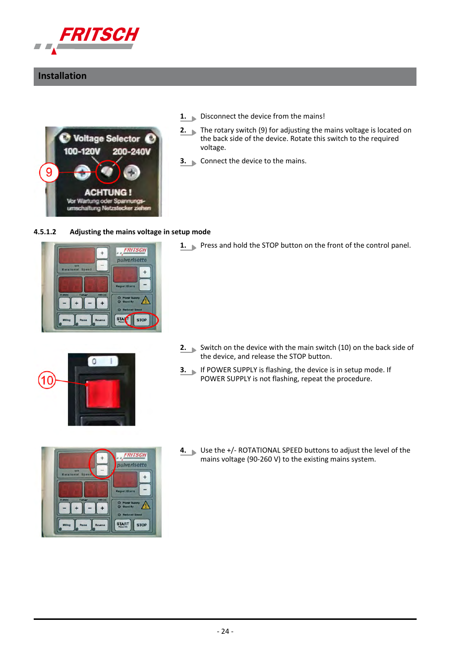 2 adjusting the mains voltage in setup mode, Installation | FRITSCH PULVERISETTE 6 classic line User Manual | Page 24 / 68