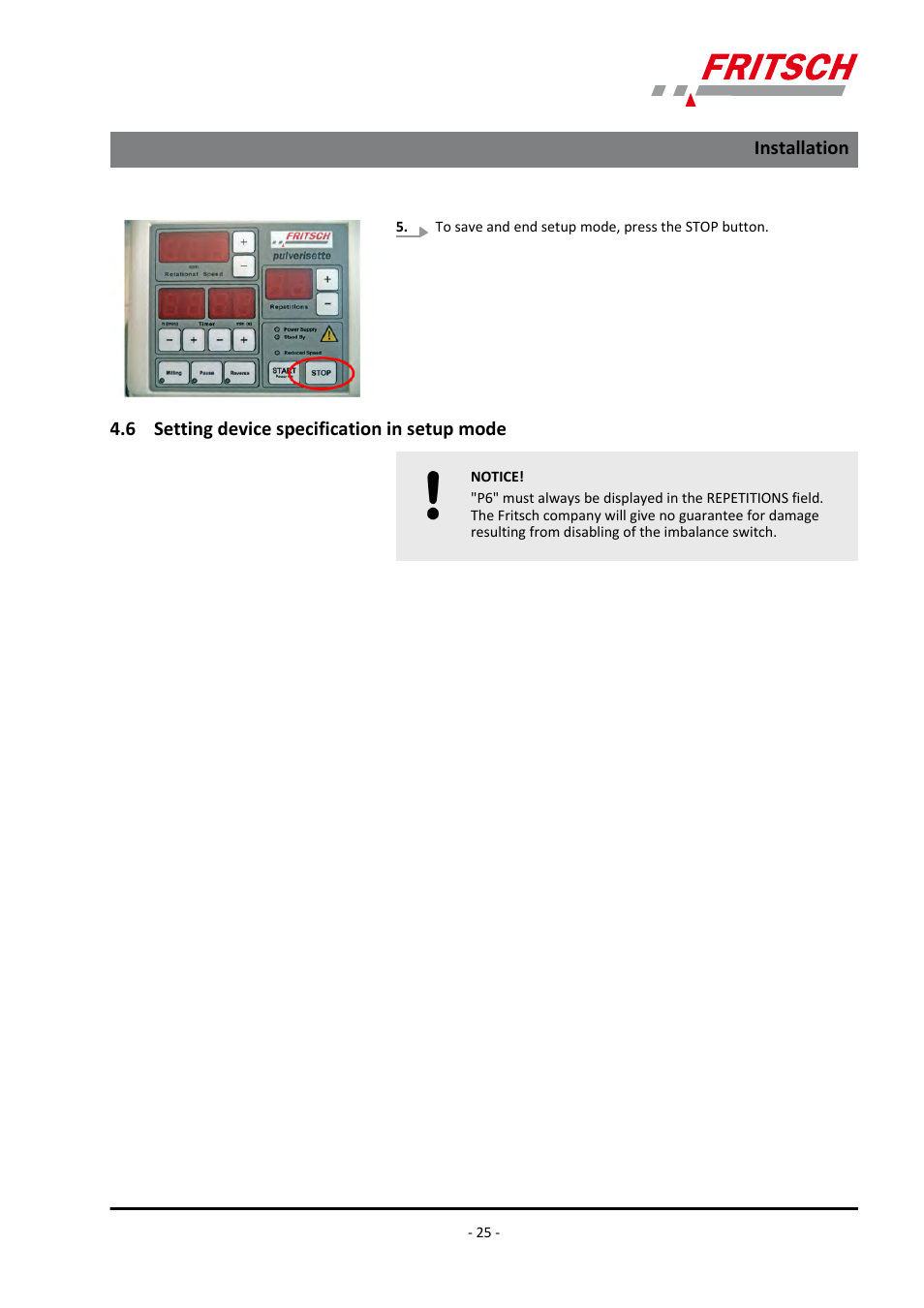 6 setting device specification in setup mode, Installation | FRITSCH PULVERISETTE 6 classic line User Manual | Page 25 / 68