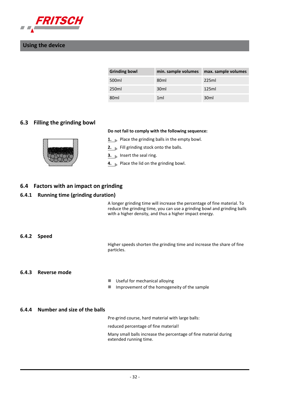 3 filling the grinding bowl, 4 factors with an impact on grinding, 1 running time (grinding duration) | 2 speed, 3 reverse mode, 4 number and size of the balls, Using the device | FRITSCH PULVERISETTE 6 classic line User Manual | Page 32 / 68