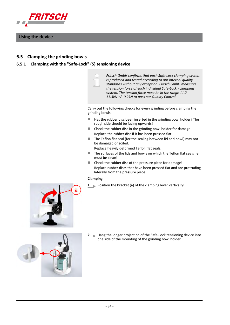 5 clamping the grinding bowls, Using the device | FRITSCH PULVERISETTE 6 classic line User Manual | Page 34 / 68