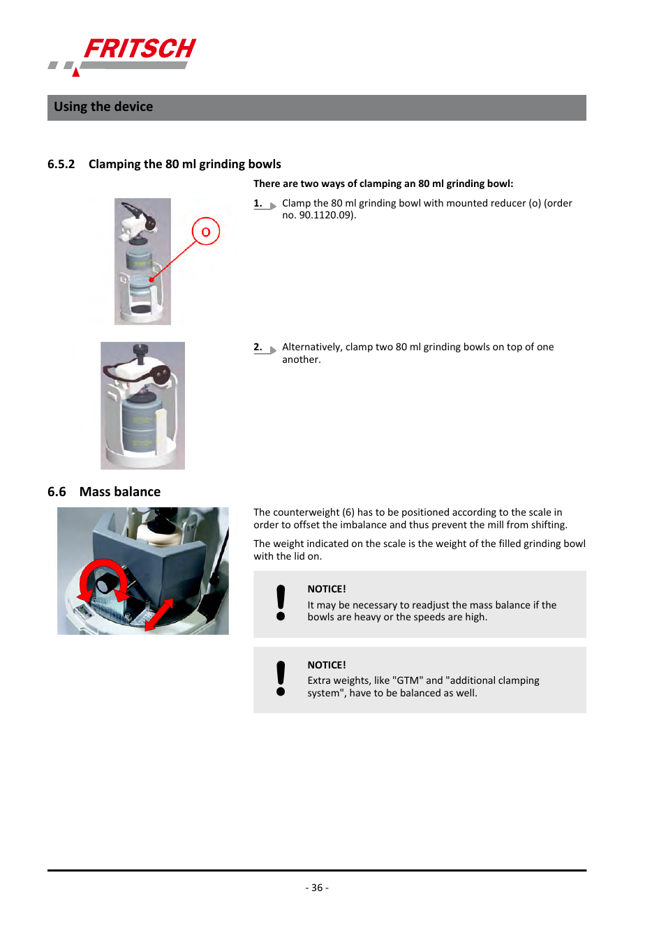 2 clamping the 80 ml grinding bowls, 6 mass balance, Ä chapter 6.6 | Using the device | FRITSCH PULVERISETTE 6 classic line User Manual | Page 36 / 68