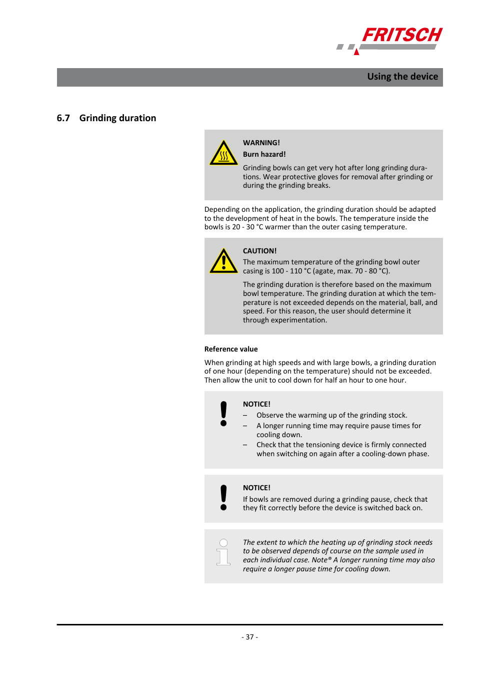 7 grinding duration, Using the device | FRITSCH PULVERISETTE 6 classic line User Manual | Page 37 / 68