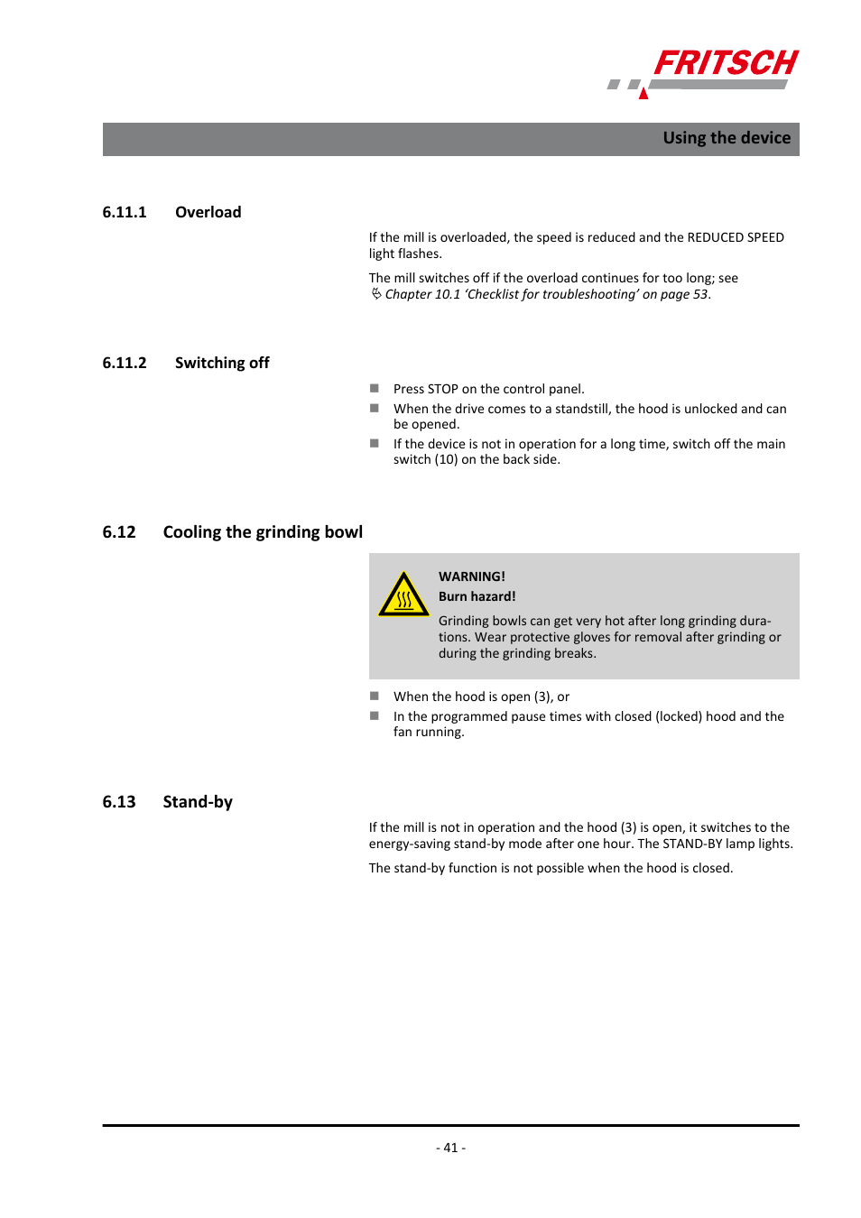 1 overload, 2 switching off, 12 cooling the grinding bowl | 13 stand-by | FRITSCH PULVERISETTE 6 classic line User Manual | Page 41 / 68