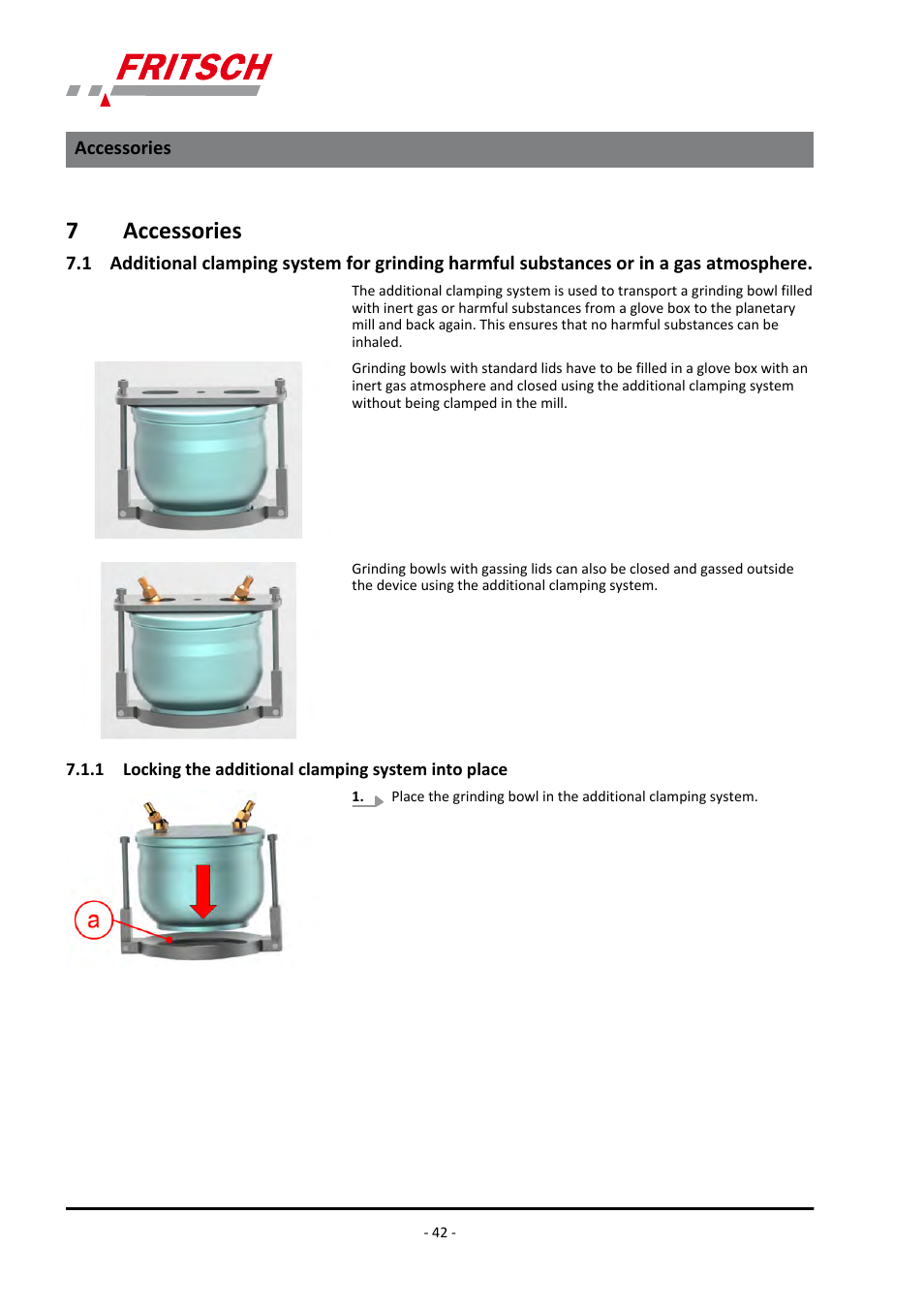 7 accessories, Stances or in a gas atmosphere, 7accessories | FRITSCH PULVERISETTE 6 classic line User Manual | Page 42 / 68