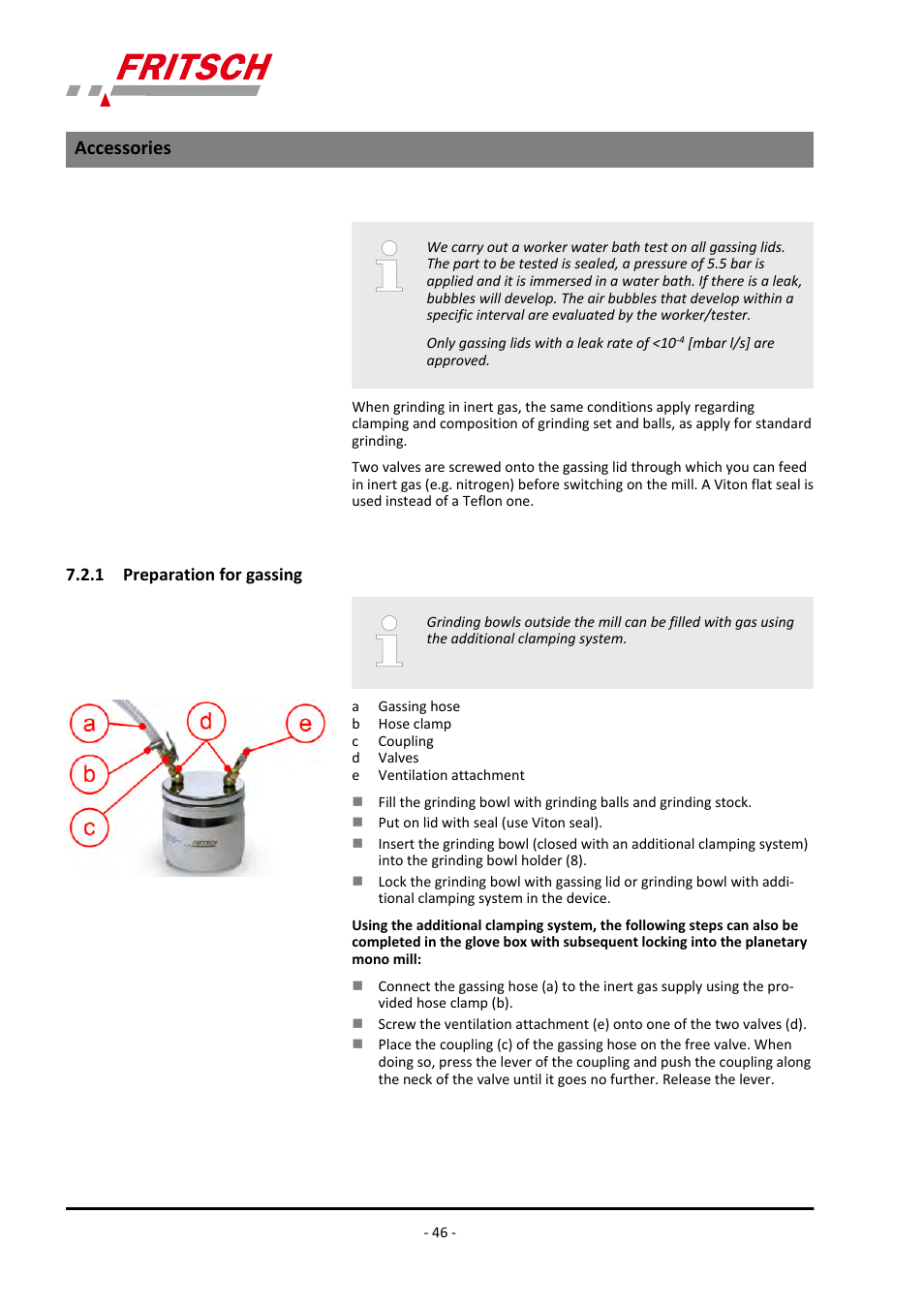 1 preparation for gassing, Accessories | FRITSCH PULVERISETTE 6 classic line User Manual | Page 46 / 68