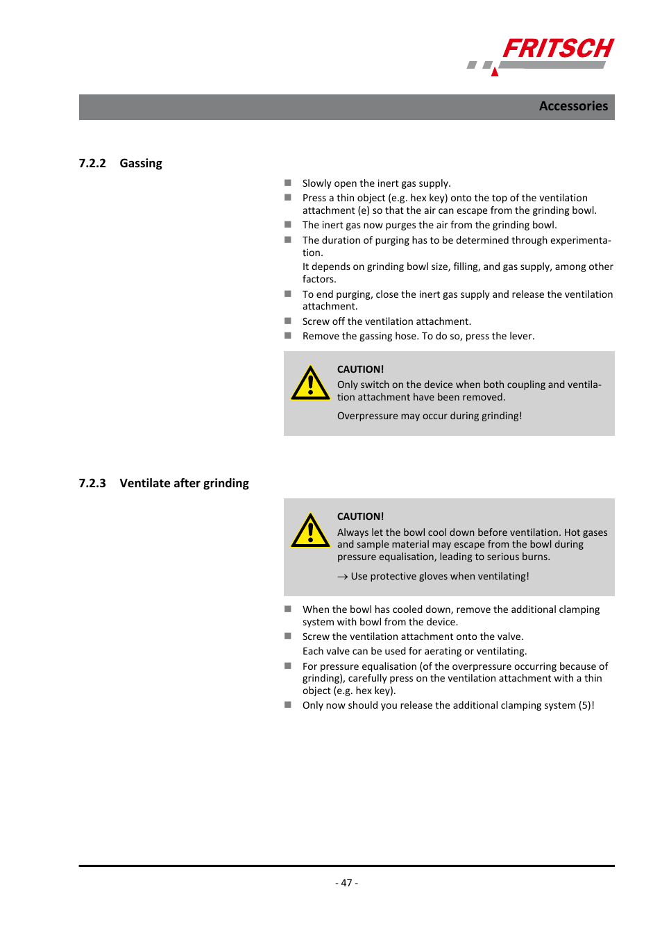 2 gassing, 3 ventilate after grinding, 2 gassing 7.2.3 ventilate after grinding | Accessories | FRITSCH PULVERISETTE 6 classic line User Manual | Page 47 / 68