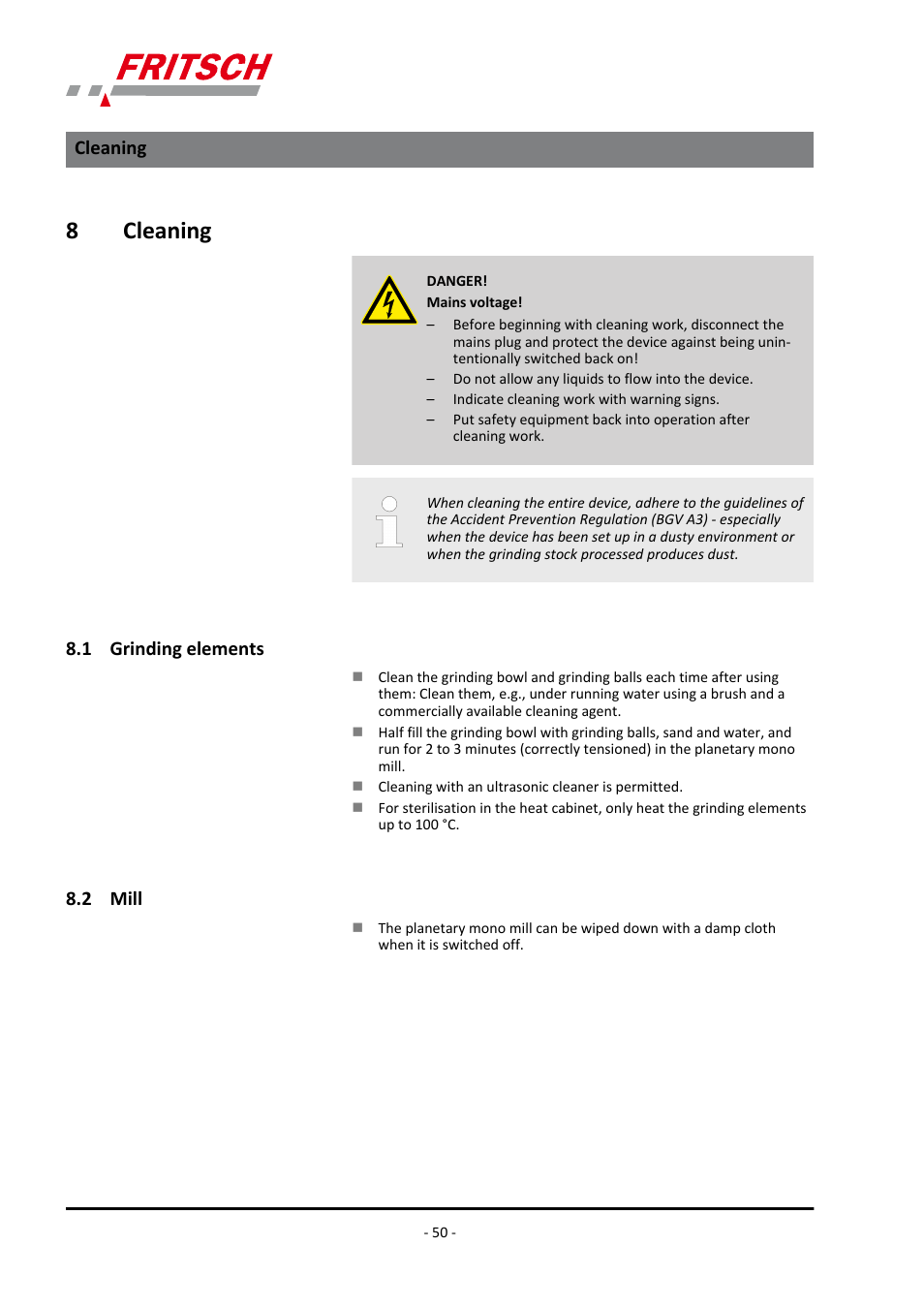 8 cleaning, 1 grinding elements, 2 mill | Cleaning 8.1 grinding elements 8.2 mill, 8cleaning | FRITSCH PULVERISETTE 6 classic line User Manual | Page 50 / 68