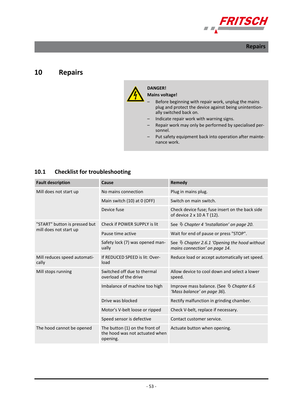 10 repairs, 1 checklist for troubleshooting, Repairs 10.1 checklist for troubleshooting | Ä chapter 10, Repairs | FRITSCH PULVERISETTE 6 classic line User Manual | Page 53 / 68