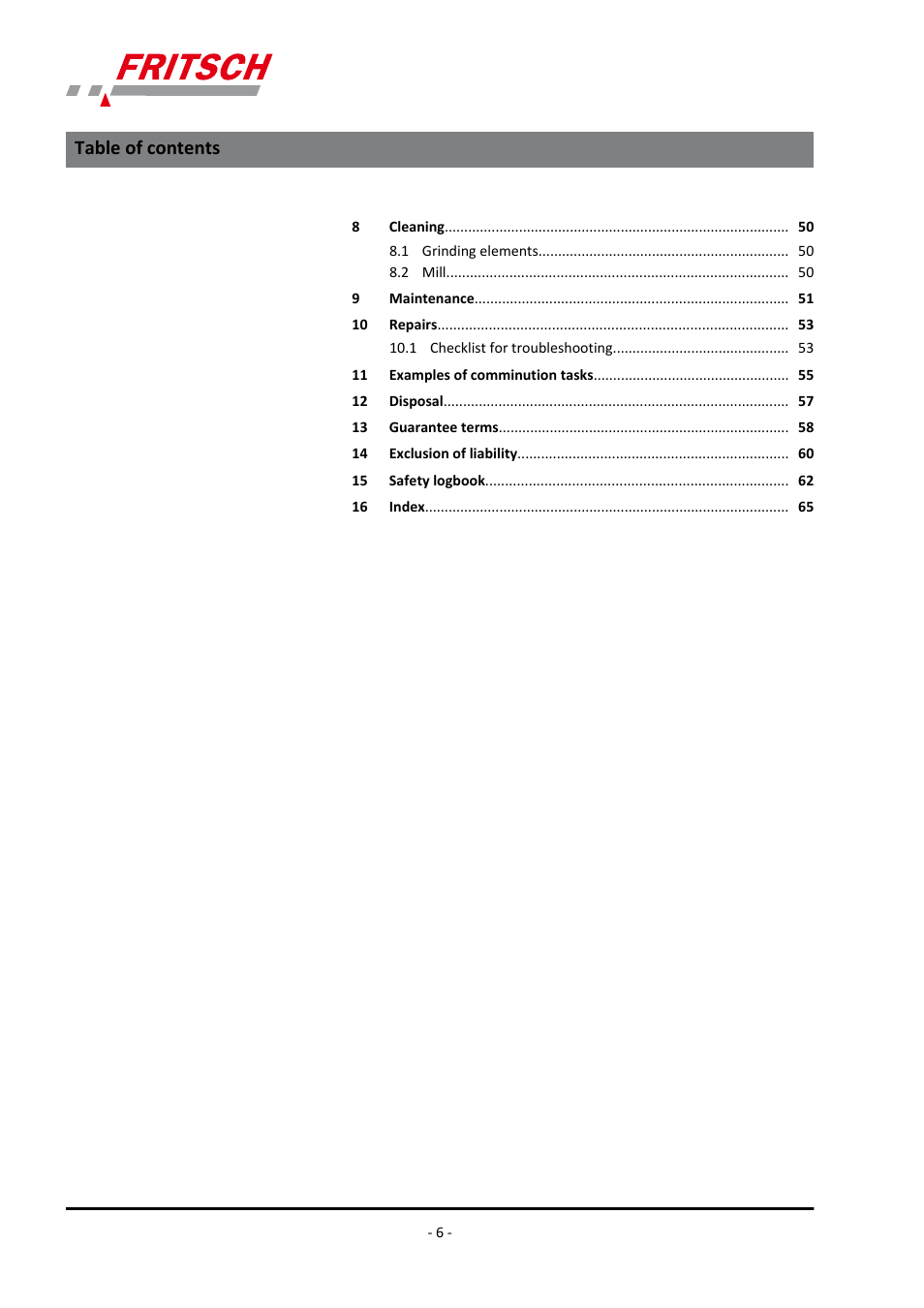 FRITSCH PULVERISETTE 6 classic line User Manual | Page 6 / 68