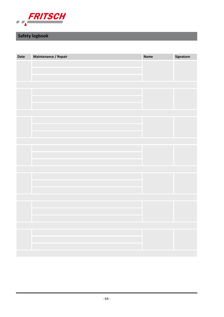 Safety logbook | FRITSCH PULVERISETTE 6 classic line User Manual | Page 64 / 68