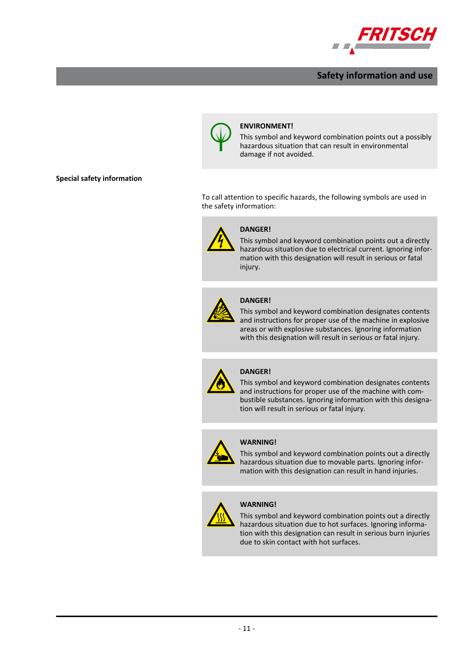 Safety information and use | FRITSCH PULVERISETTE 5/4 classic line User Manual | Page 11 / 68