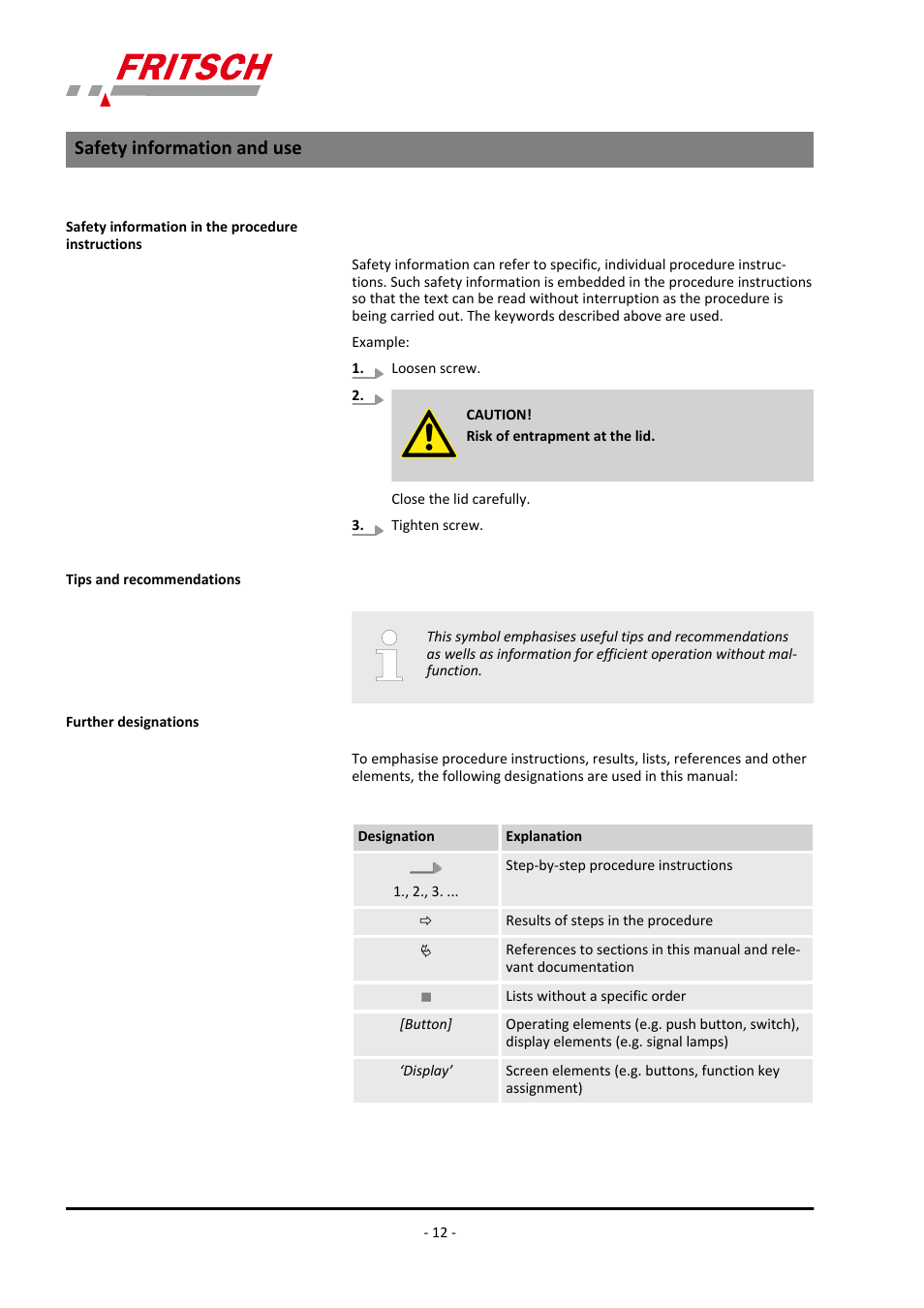 Safety information and use | FRITSCH PULVERISETTE 5/4 classic line User Manual | Page 12 / 68