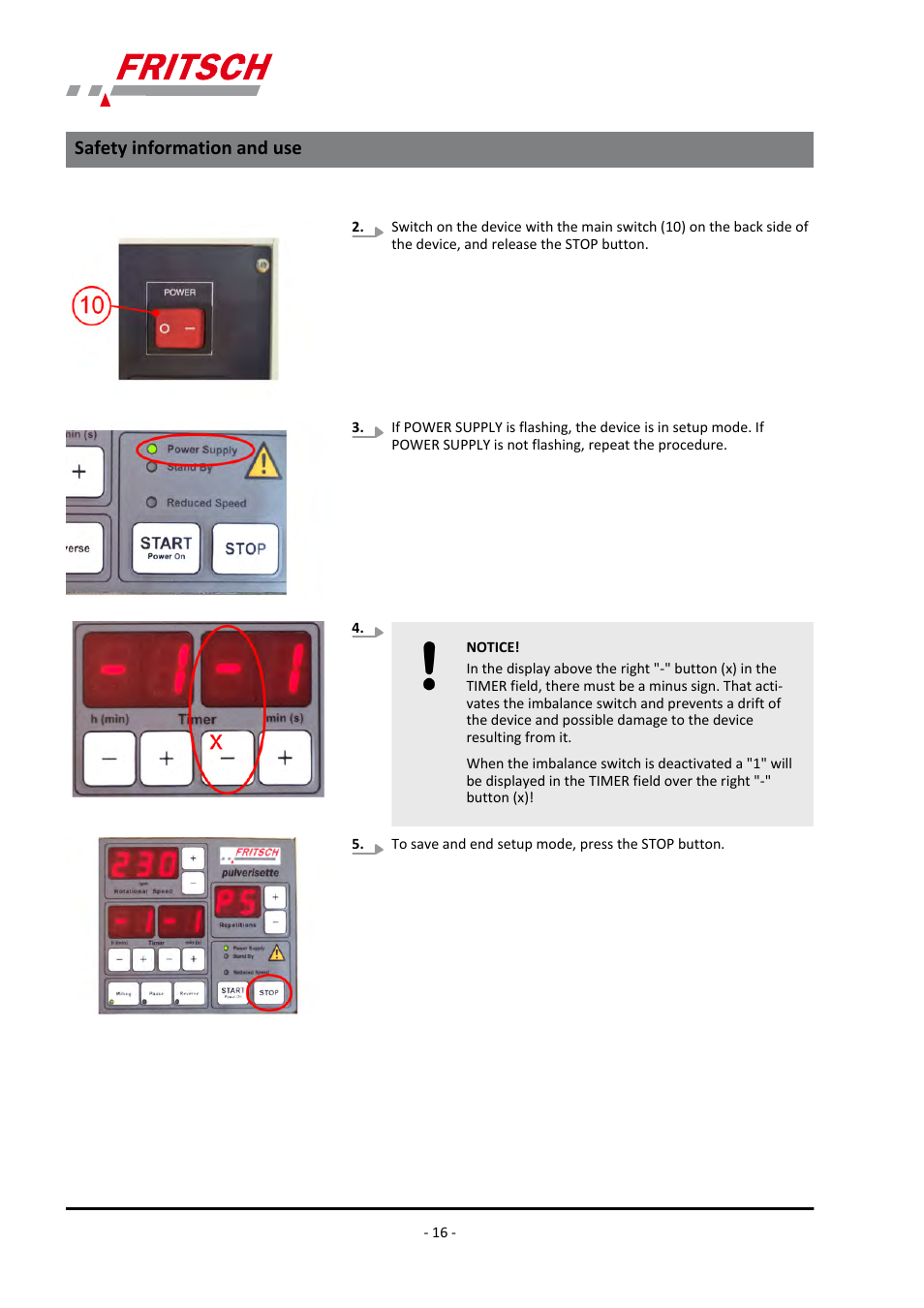 Safety information and use | FRITSCH PULVERISETTE 5/4 classic line User Manual | Page 16 / 68