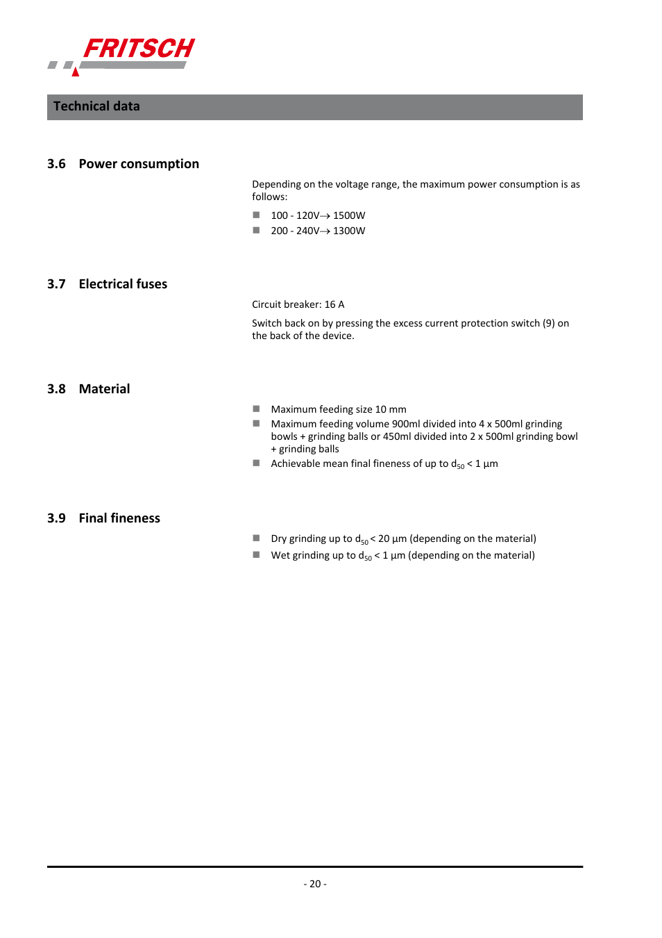 6 power consumption, 7 electrical fuses, 8 material | 9 final fineness, Technical data | FRITSCH PULVERISETTE 5/4 classic line User Manual | Page 20 / 68