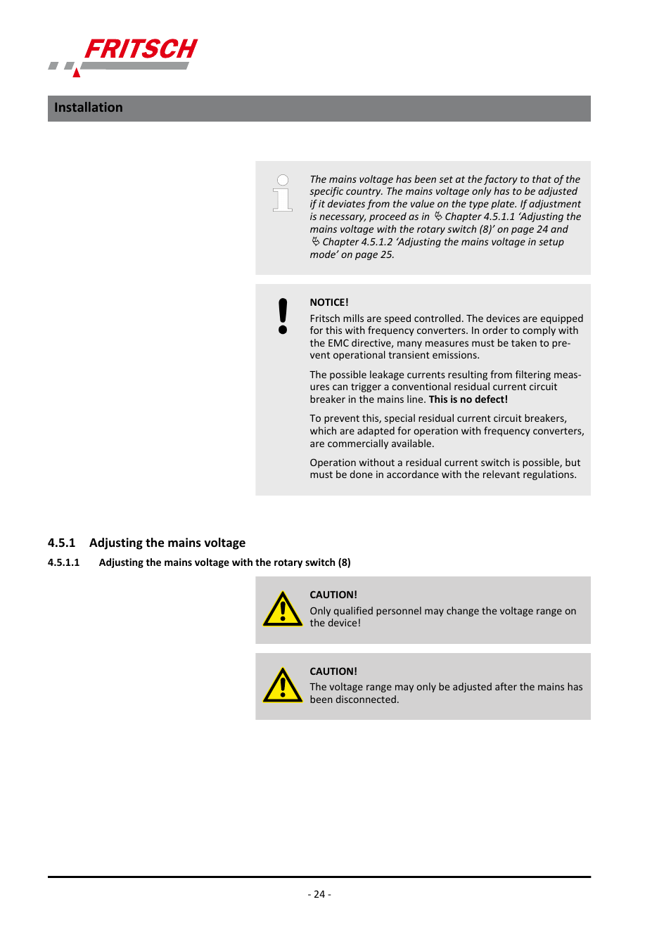 1 adjusting the mains voltage, Installation | FRITSCH PULVERISETTE 5/4 classic line User Manual | Page 24 / 68