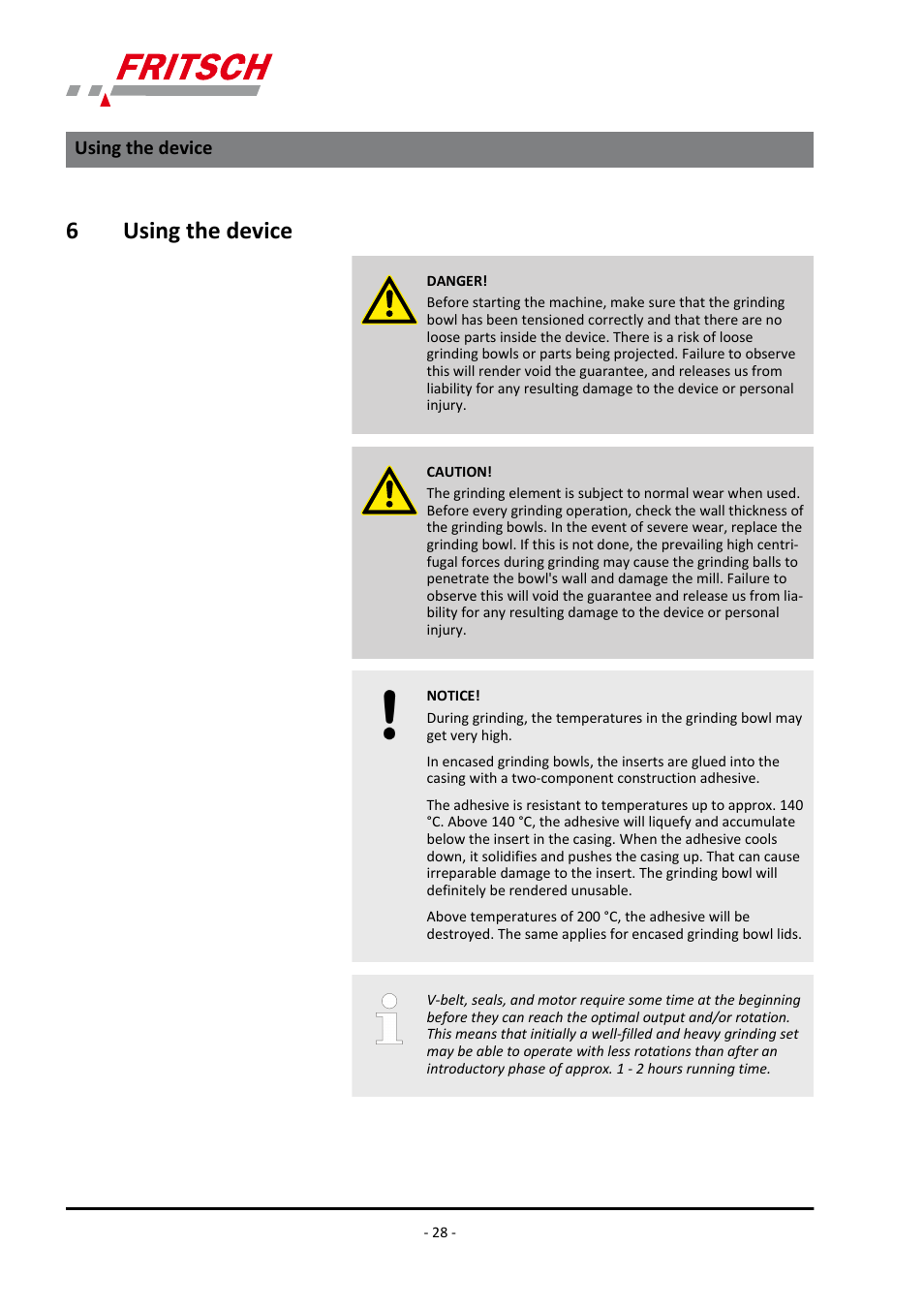 6 using the device, Using the device, 6using the device | FRITSCH PULVERISETTE 5/4 classic line User Manual | Page 28 / 68