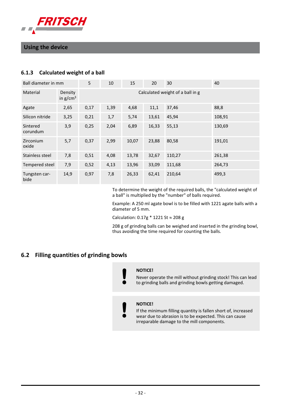 3 calculated weight of a ball, 2 filling quantities of grinding bowls, Using the device | FRITSCH PULVERISETTE 5/4 classic line User Manual | Page 32 / 68