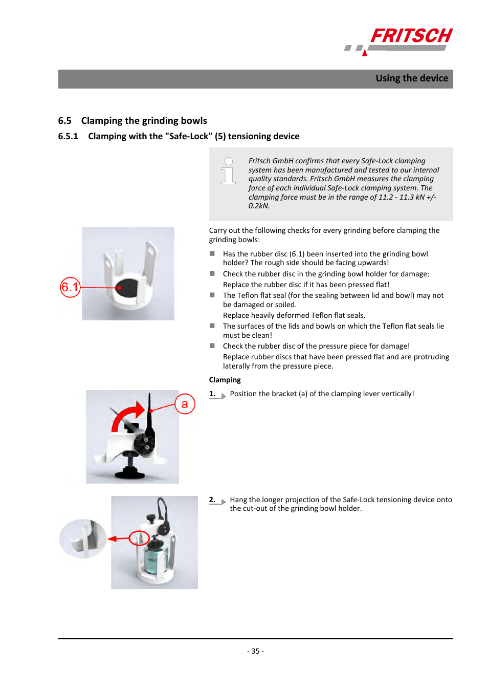 5 clamping the grinding bowls, Using the device | FRITSCH PULVERISETTE 5/4 classic line User Manual | Page 35 / 68