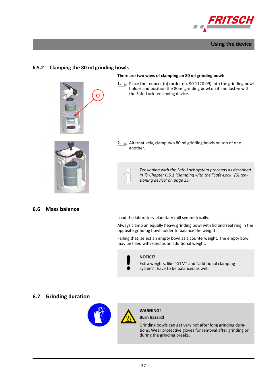 2 clamping the 80 ml grinding bowls, 6 mass balance, 7 grinding duration | Using the device | FRITSCH PULVERISETTE 5/4 classic line User Manual | Page 37 / 68