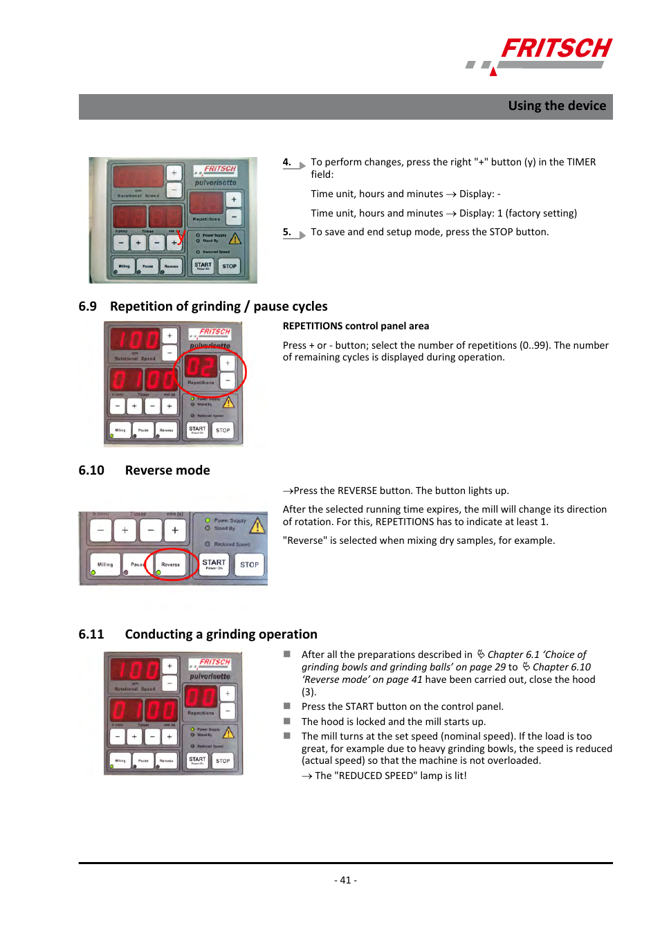 9 repetition of grinding / pause cycles, 10 reverse mode, 11 conducting a grinding operation | Using the device | FRITSCH PULVERISETTE 5/4 classic line User Manual | Page 41 / 68