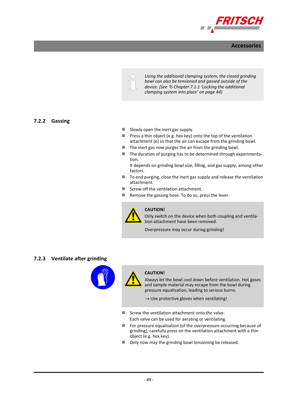 2 gassing, 3 ventilate after grinding, 2 gassing 7.2.3 ventilate after grinding | Accessories | FRITSCH PULVERISETTE 5/4 classic line User Manual | Page 49 / 68