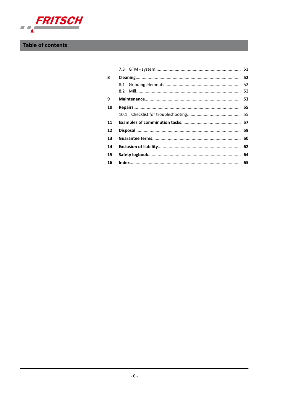 FRITSCH PULVERISETTE 5/4 classic line User Manual | Page 6 / 68