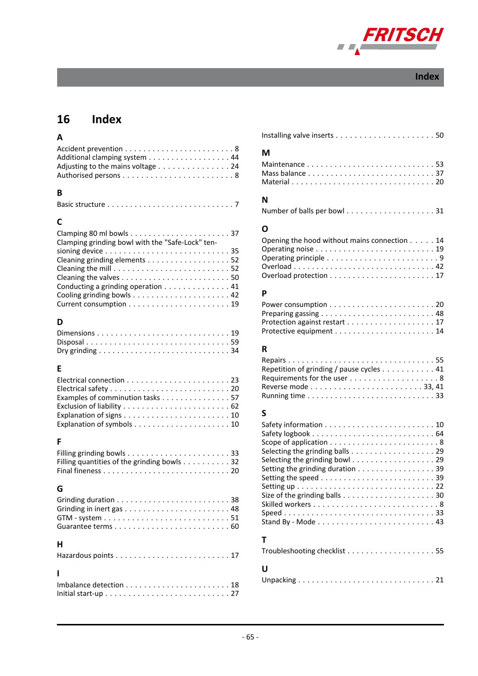 16 index, Index | FRITSCH PULVERISETTE 5/4 classic line User Manual | Page 65 / 68