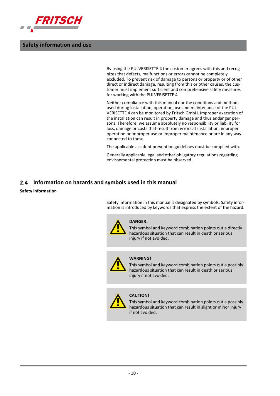 Safety information and use | FRITSCH PULVERISETTE 4 classic line User Manual | Page 10 / 60