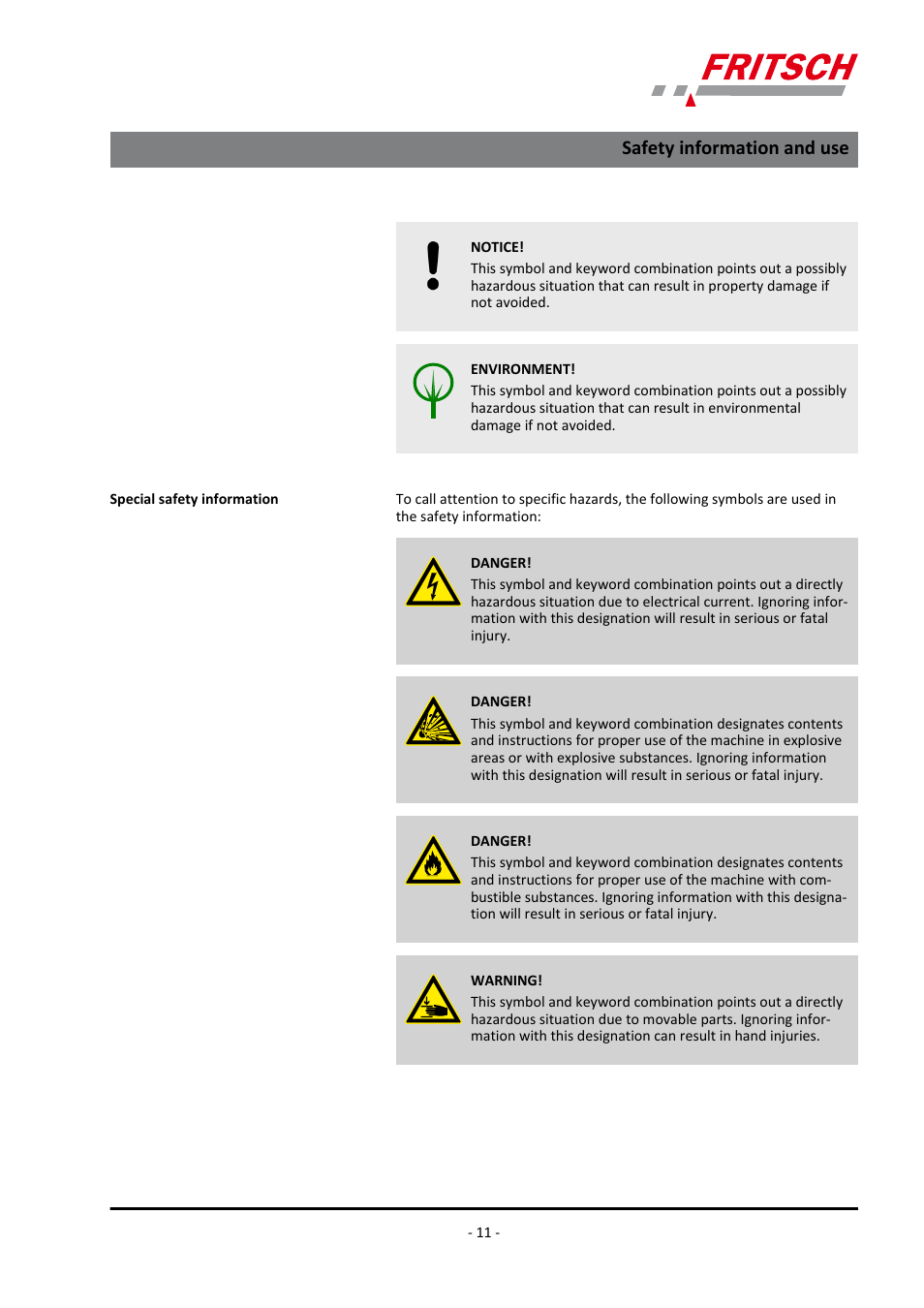 Safety information and use | FRITSCH PULVERISETTE 4 classic line User Manual | Page 11 / 60