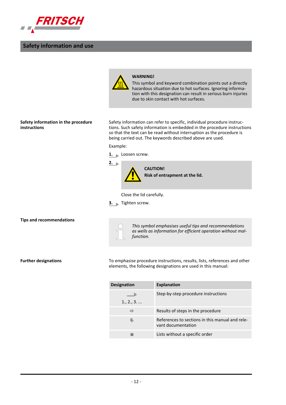 Safety information and use | FRITSCH PULVERISETTE 4 classic line User Manual | Page 12 / 60