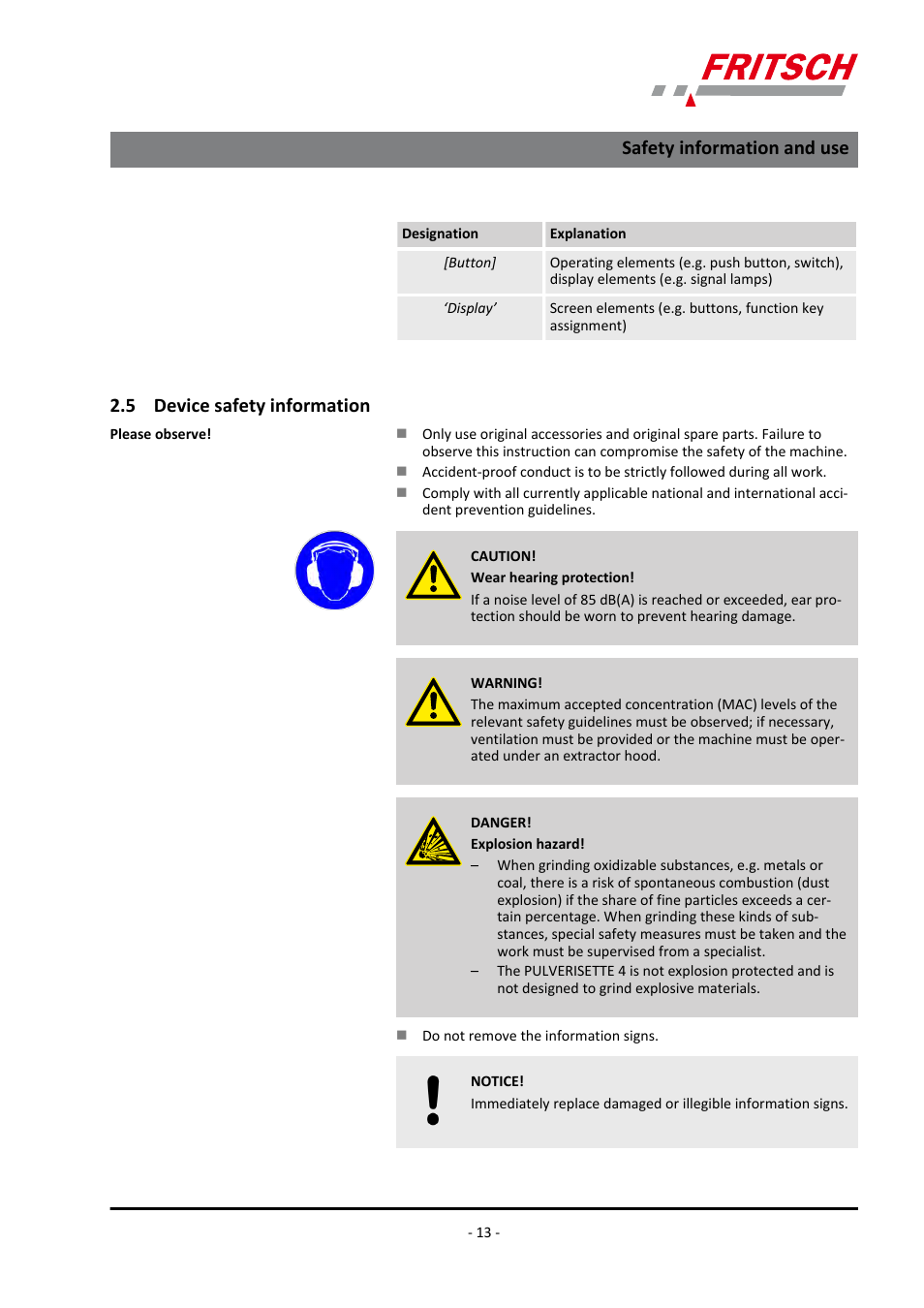 5 device safety information, Safety information and use | FRITSCH PULVERISETTE 4 classic line User Manual | Page 13 / 60