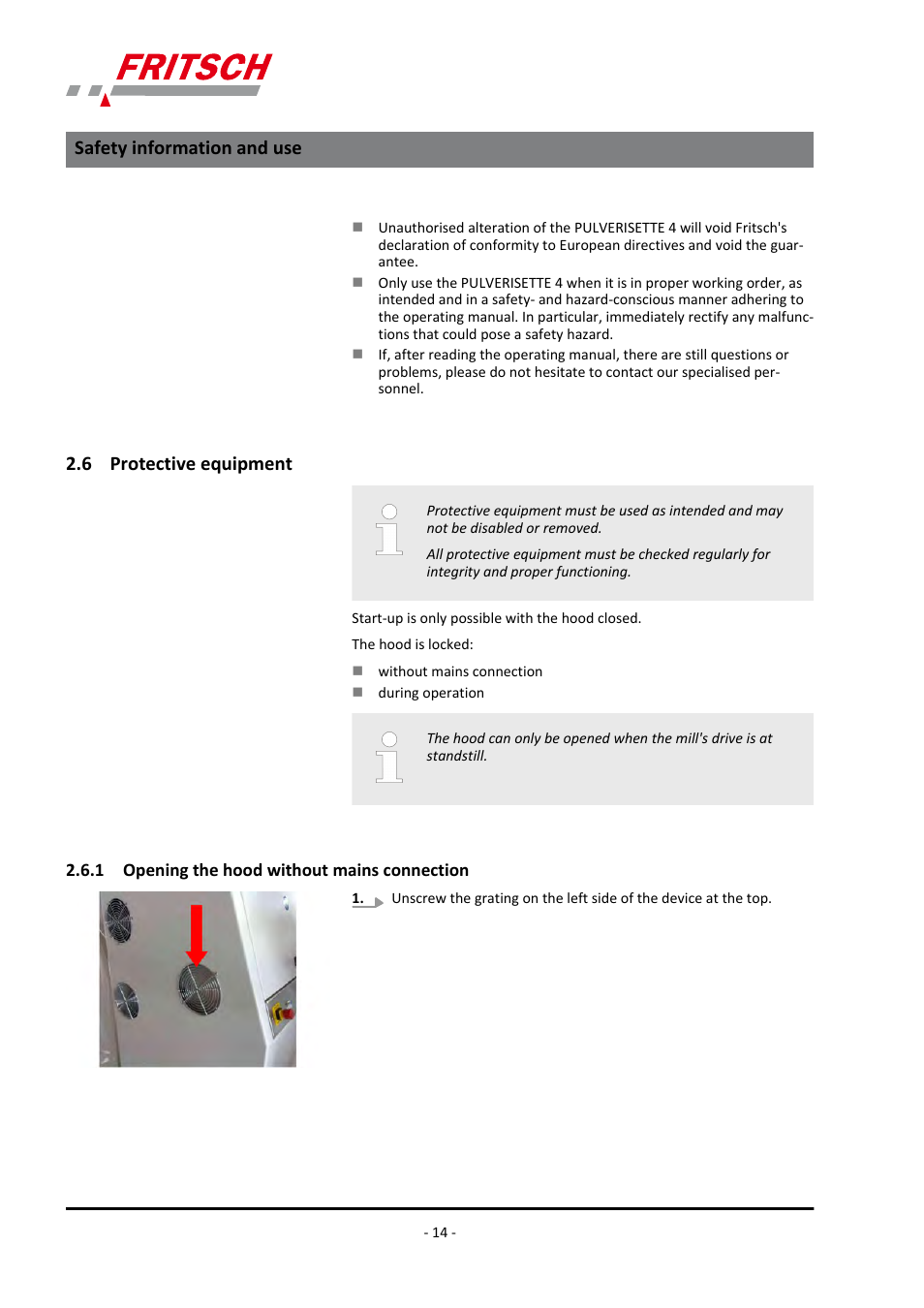 6 protective equipment, 1 opening the hood without mains connection, Safety information and use | FRITSCH PULVERISETTE 4 classic line User Manual | Page 14 / 60