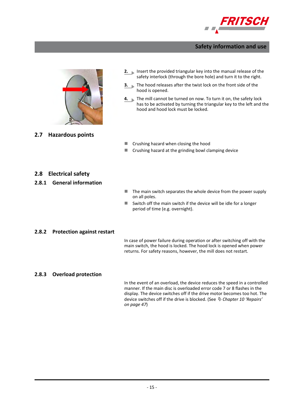 7 hazardous points, 8 electrical safety, 1 general information | 2 protection against restart, 3 overload protection, Safety information and use | FRITSCH PULVERISETTE 4 classic line User Manual | Page 15 / 60