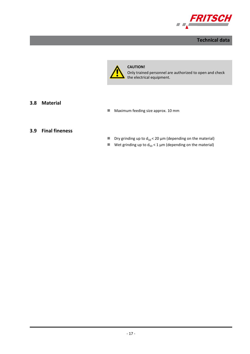 8 material, 9 final fineness, 8 material 3.9 final fineness | Technical data | FRITSCH PULVERISETTE 4 classic line User Manual | Page 17 / 60