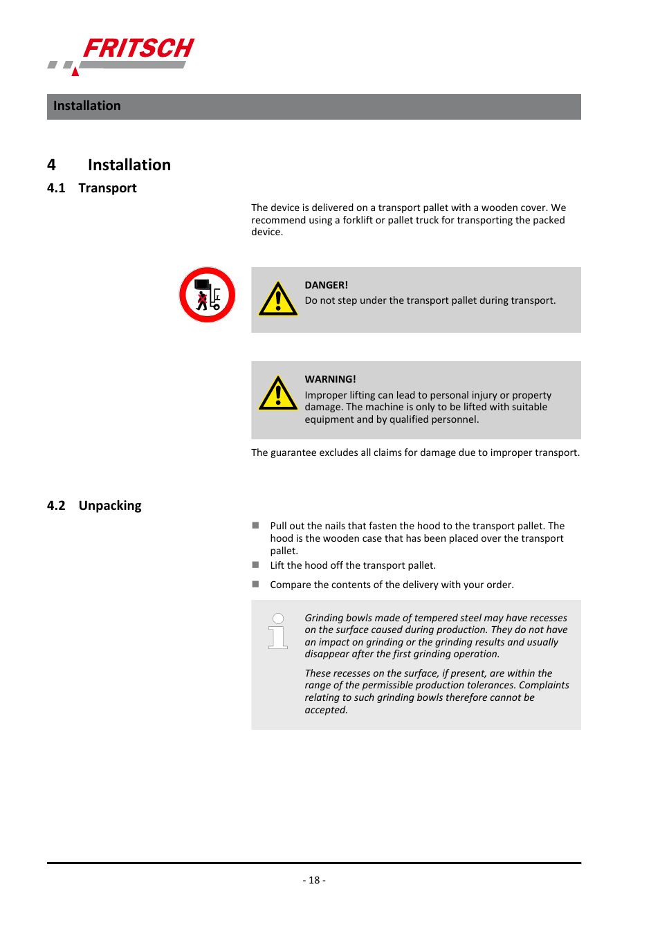 4 installation, 1 transport, 2 unpacking | Installation 4.1 transport 4.2 unpacking, 4installation | FRITSCH PULVERISETTE 4 classic line User Manual | Page 18 / 60