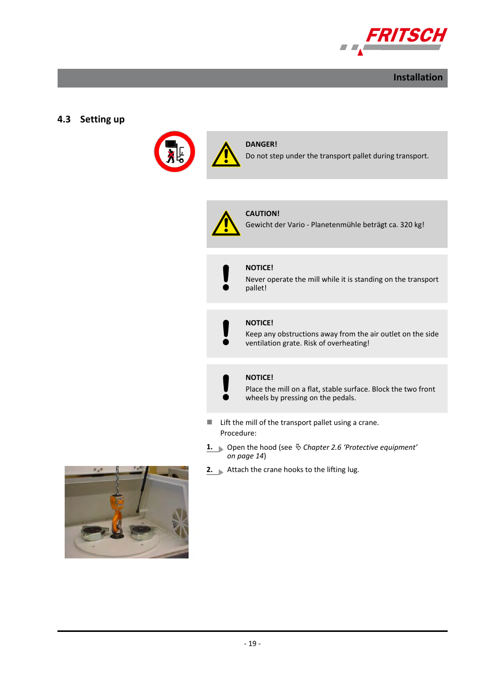 3 setting up, Installation | FRITSCH PULVERISETTE 4 classic line User Manual | Page 19 / 60