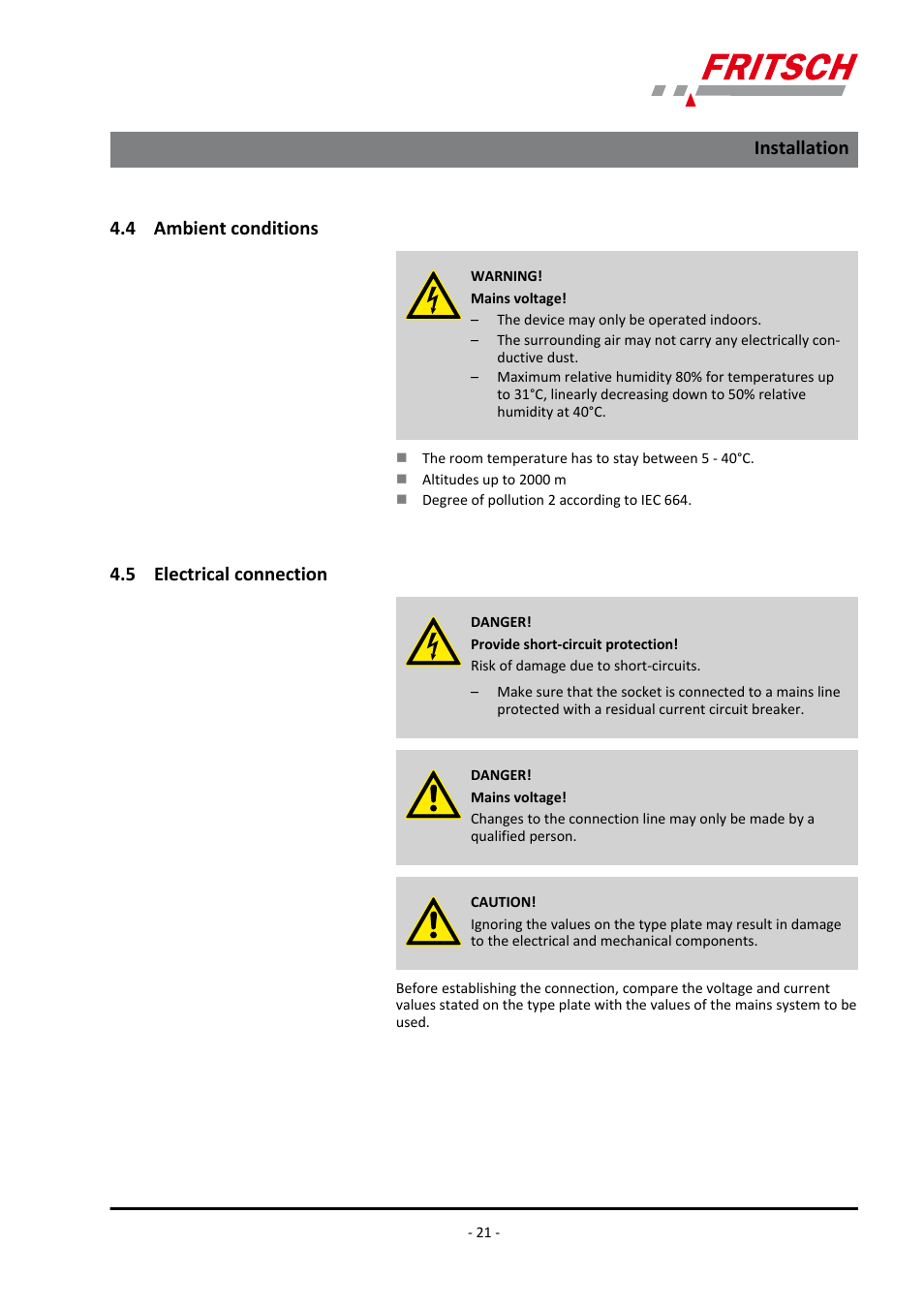 4 ambient conditions, 5 electrical connection, 4 ambient conditions 4.5 electrical connection | Installation | FRITSCH PULVERISETTE 4 classic line User Manual | Page 21 / 60