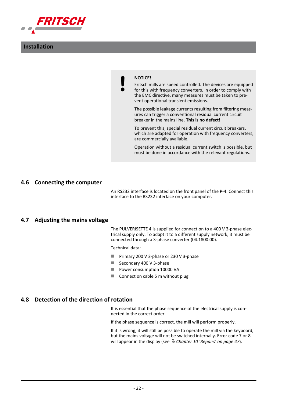 6 connecting the computer, 7 adjusting the mains voltage, 8 detection of the direction of rotation | Installation | FRITSCH PULVERISETTE 4 classic line User Manual | Page 22 / 60