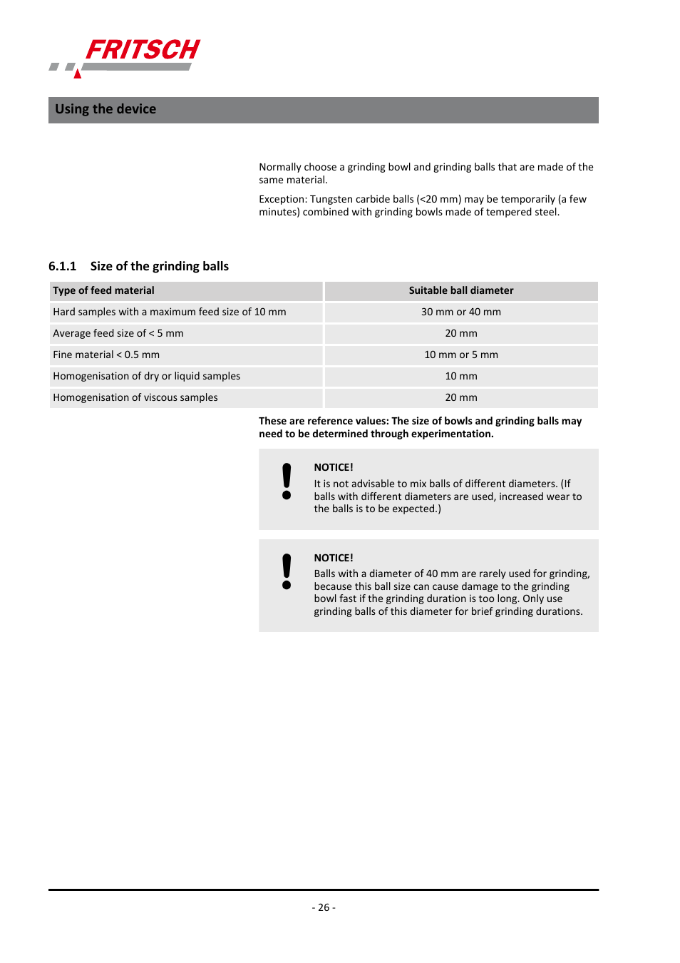 1 size of the grinding balls, Using the device | FRITSCH PULVERISETTE 4 classic line User Manual | Page 26 / 60