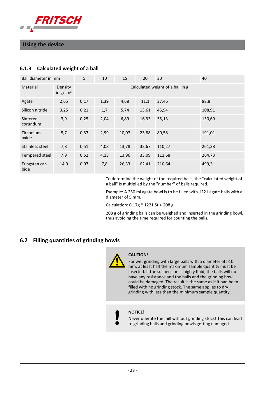 3 calculated weight of a ball, 2 filling quantities of grinding bowls, Using the device | FRITSCH PULVERISETTE 4 classic line User Manual | Page 28 / 60