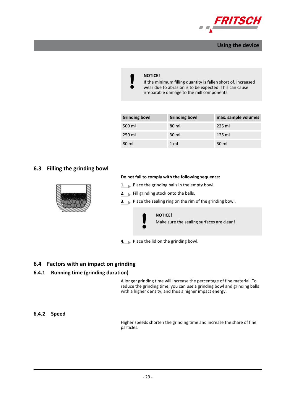 3 filling the grinding bowl, 4 factors with an impact on grinding, 1 running time (grinding duration) | 2 speed, Using the device | FRITSCH PULVERISETTE 4 classic line User Manual | Page 29 / 60