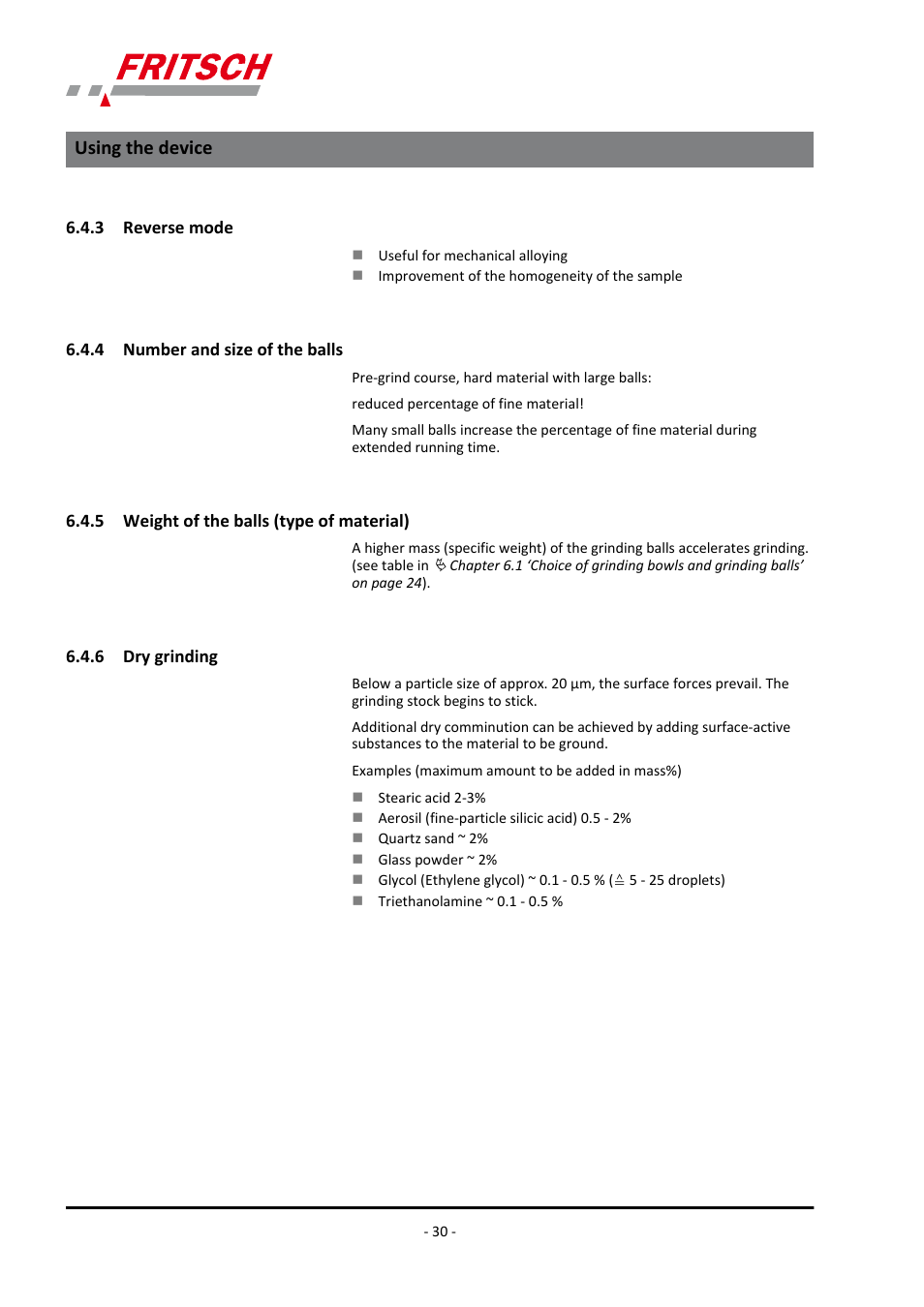 3 reverse mode, 4 number and size of the balls, 5 weight of the balls (type of material) | 6 dry grinding, Using the device | FRITSCH PULVERISETTE 4 classic line User Manual | Page 30 / 60